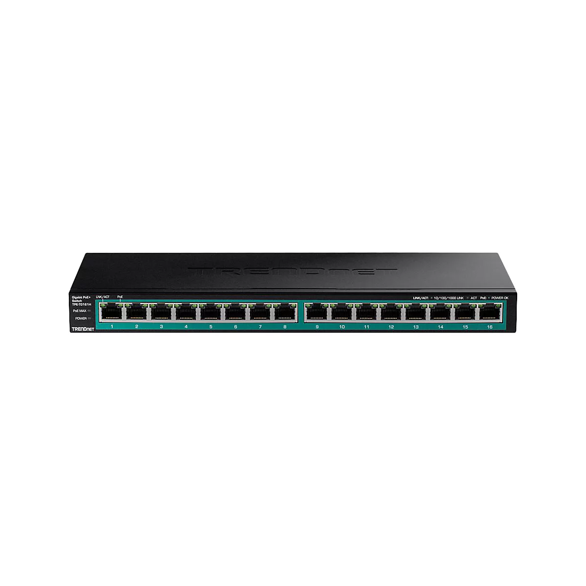 Schwarzer 16-Port Gigabit PoE+ Switch von TRENDnet mit nummerierten Anschlüssen auf weißem Hintergrund.