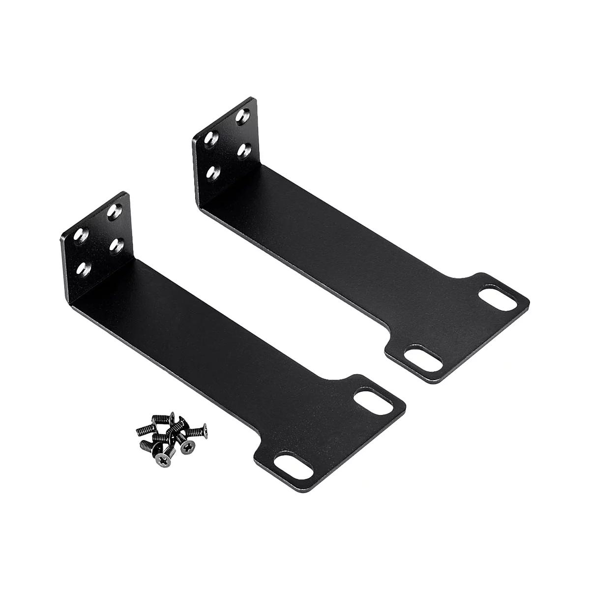 Zwei schwarze Metall-Winkel für die Rack-Montage mit beiliegenden kleinen Schrauben vor weißem Hintergrund.