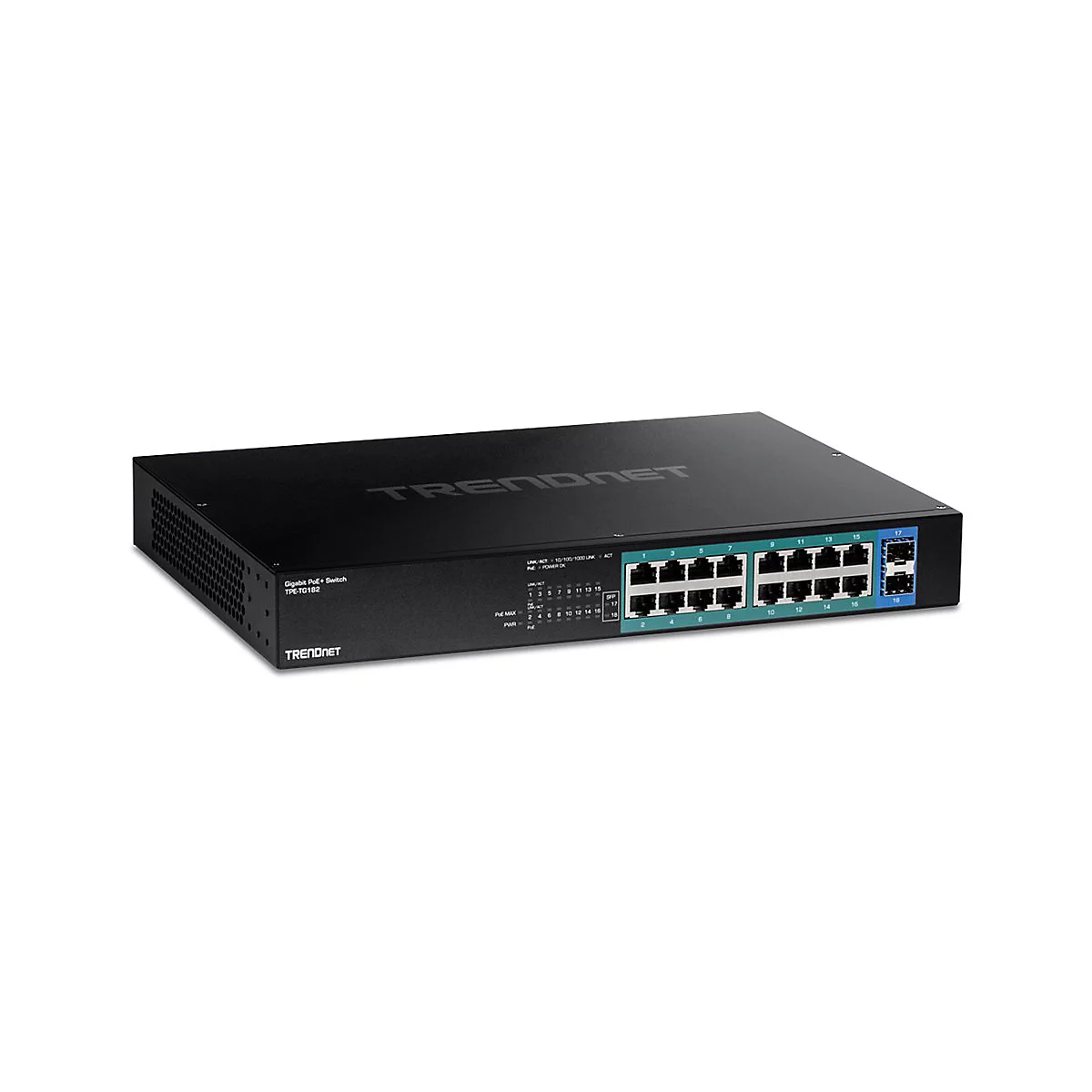 Schwarzer TRENDnet Gigabit PoE+ Switch TPE-TG182 mit mehreren Anschlüssen vor weißem Hintergrund.