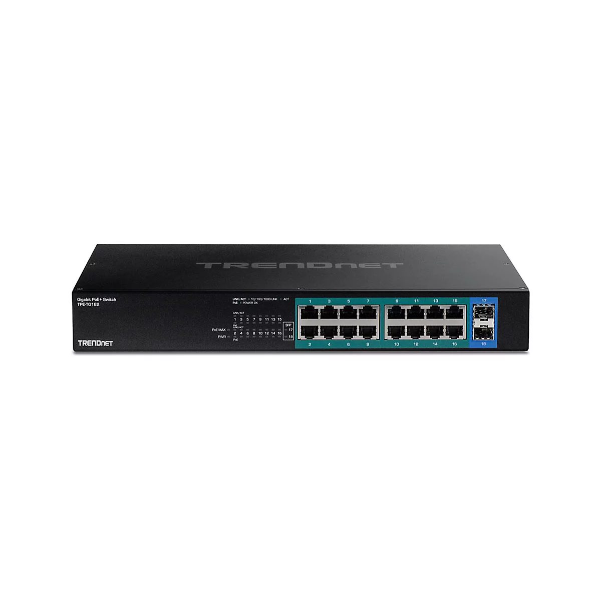 Schwarzer Trendnet Gigabit PoE+ Switch TPE-TG182 mit zahlreichen Netzwerkanschlüssen auf weißem Grund.