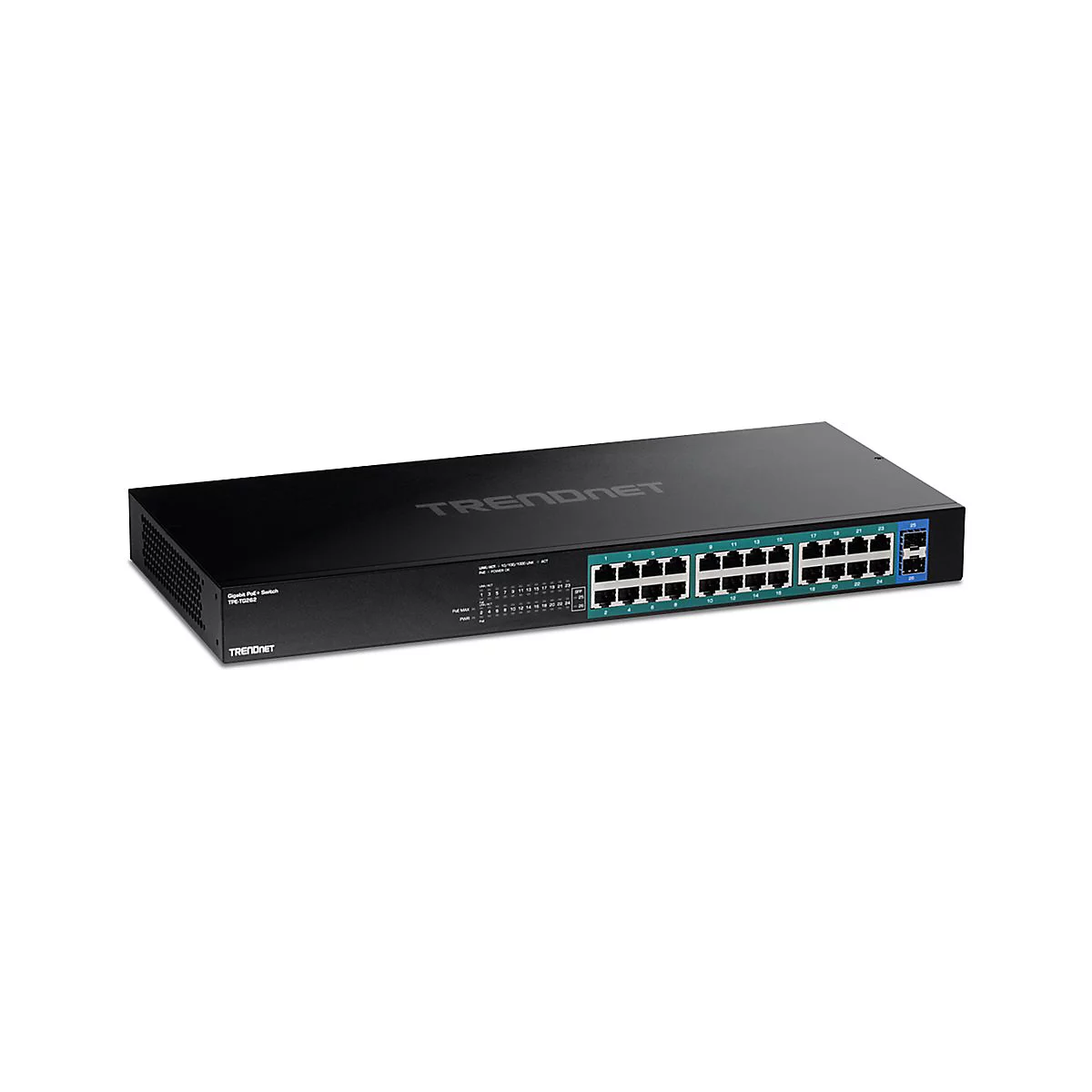 Schwarzer TRENDnet Gigabit PoE+ Switch TPE-TG262 mit 26 Ports vor weißem Hintergrund.