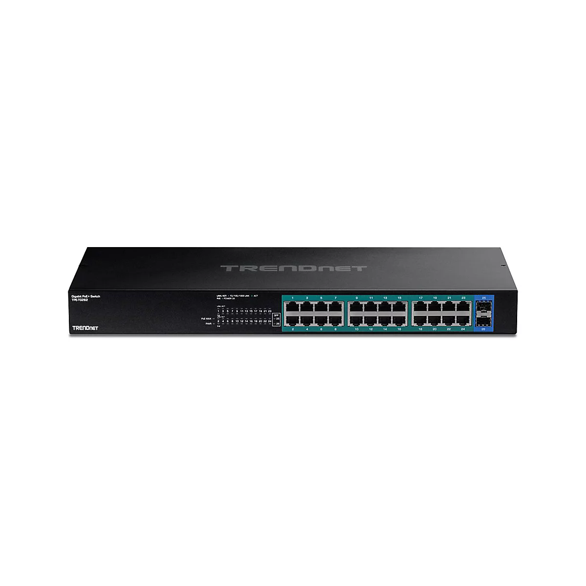 Schwarzer TRENDnet Gigabit PoE+ Switch TPE-TG262 mit 26 Ports vor weißem Hintergrund.