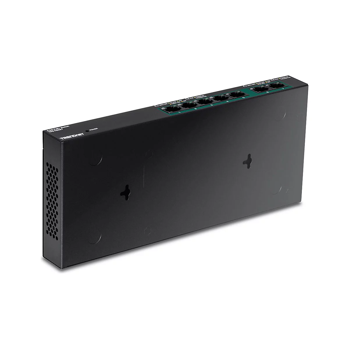 Schwarzer TRENDnet 2.5G PoE+ Switch TPE-TG827 in Draufsicht auf weißem Hintergrund.