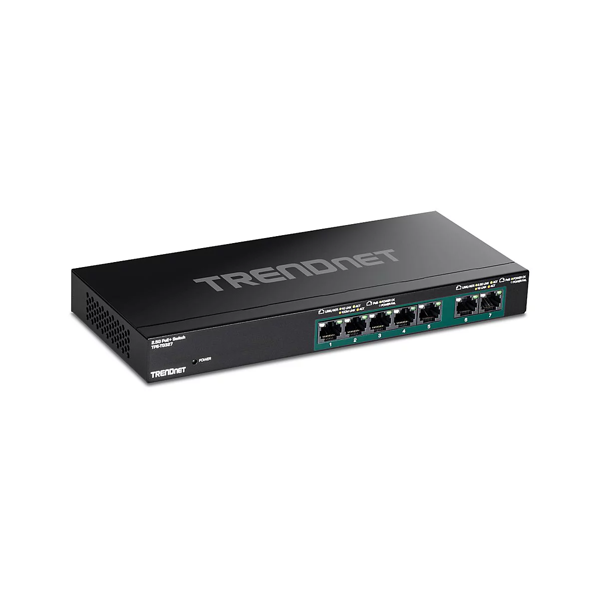 Schwarzer TRENDnet PoE+ Switch TPE-TG327 mit sieben LAN-Ports vor weißem Hintergrund.