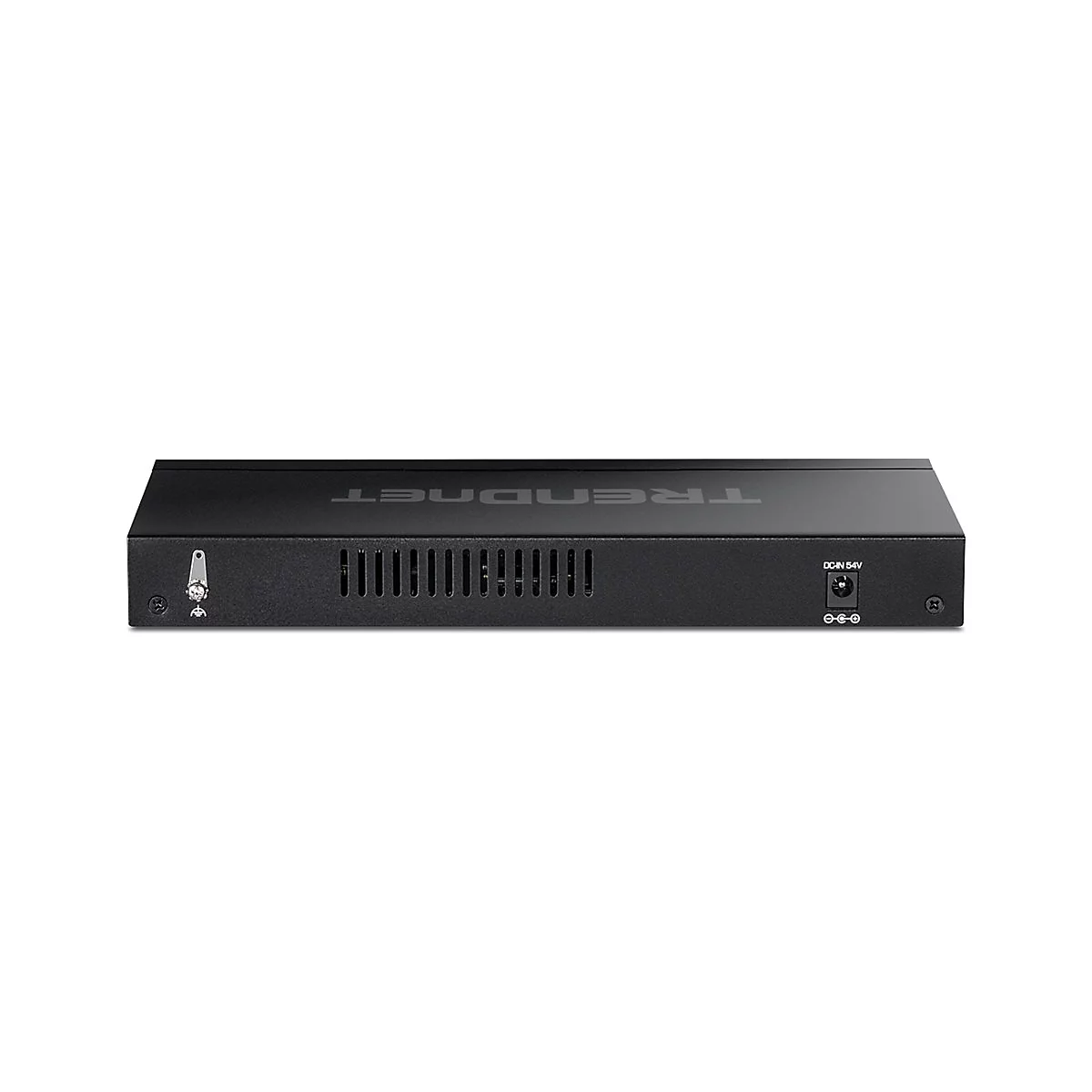 Rückseite eines schwarzen Trendnet Netzwerk-Switch-Gehäuses mit Stromanschluss und Erdungspunkt.