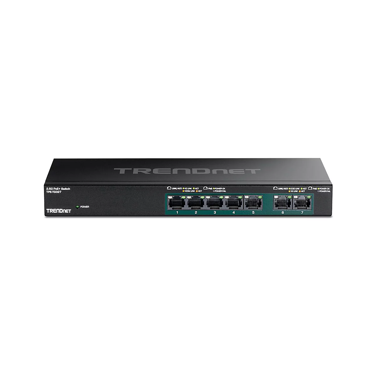 Schwarzer TRENDnet 2.5G PoE+ Switch TPE-TG327 mit sieben Ethernet-Anschlüssen vor weißem Hintergrund.