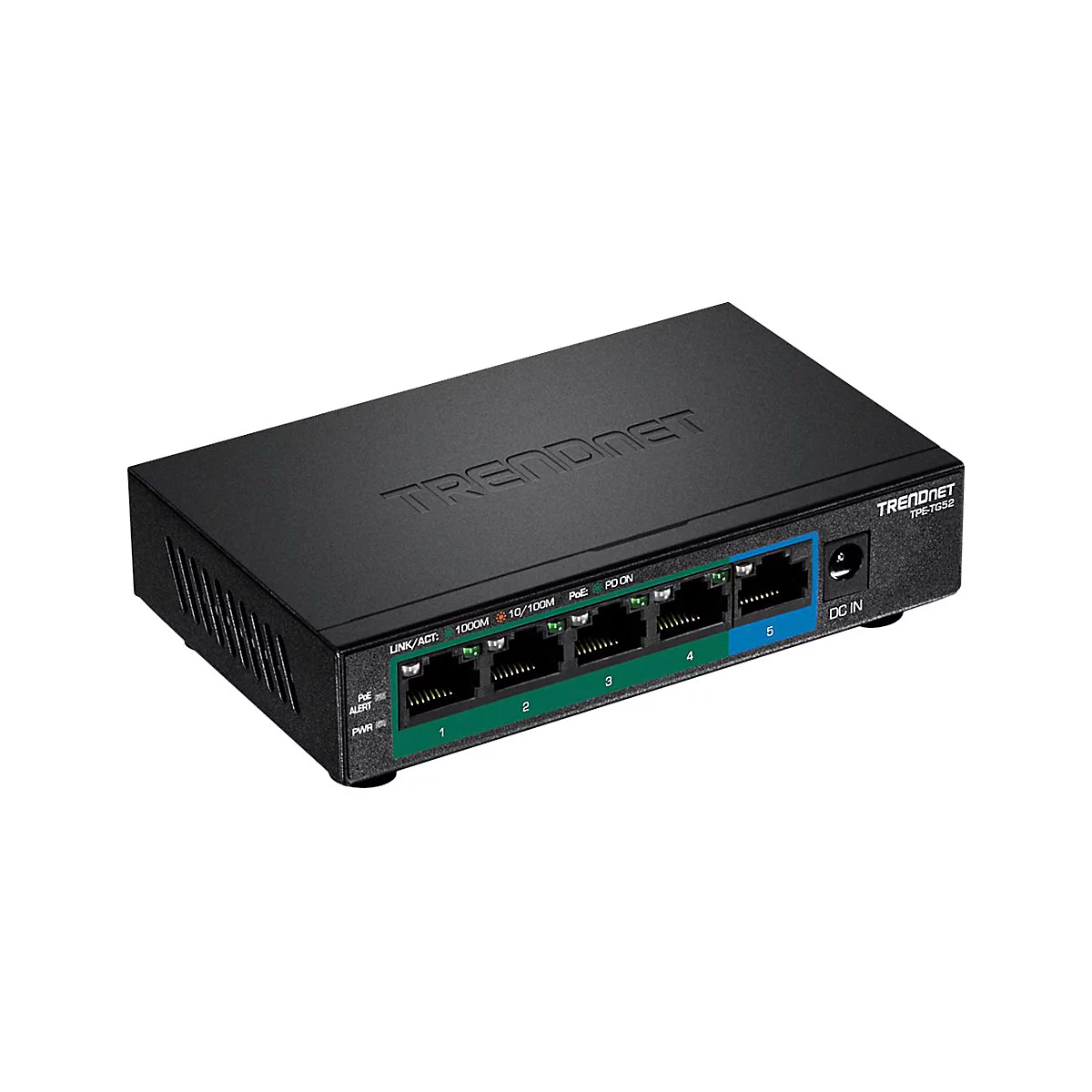 Schwarzer TRENDnet TPE-TG52 Gigabit PoE Switch mit fünf LAN-Anschlüssen vor weißem Hintergrund.