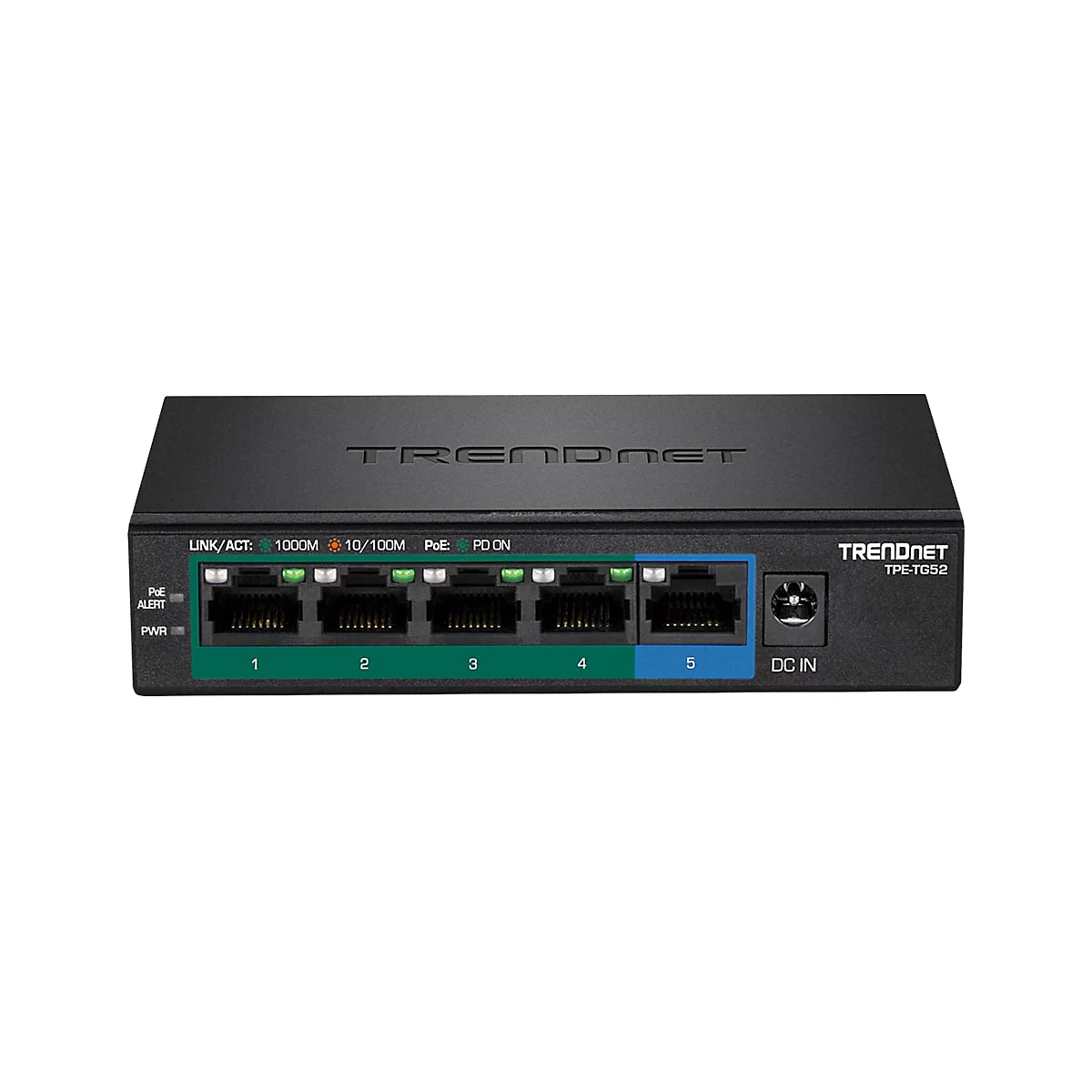 Schwarzer TRENDnet TPE-TG52 Netzwerk-Switch mit fünf Ports vor weißem Hintergrund.