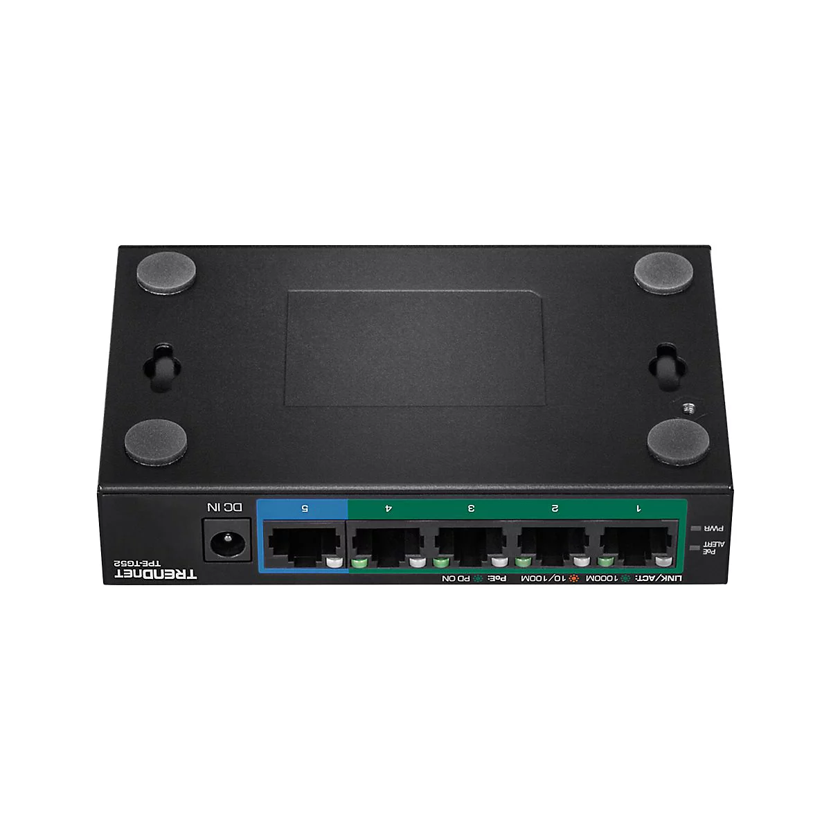 Schwarzer TRENDnet TPE-TG52 Netzwerk-Switch mit fünf Ports, DC-Anschluss und Status-LEDs auf weißem Grund.