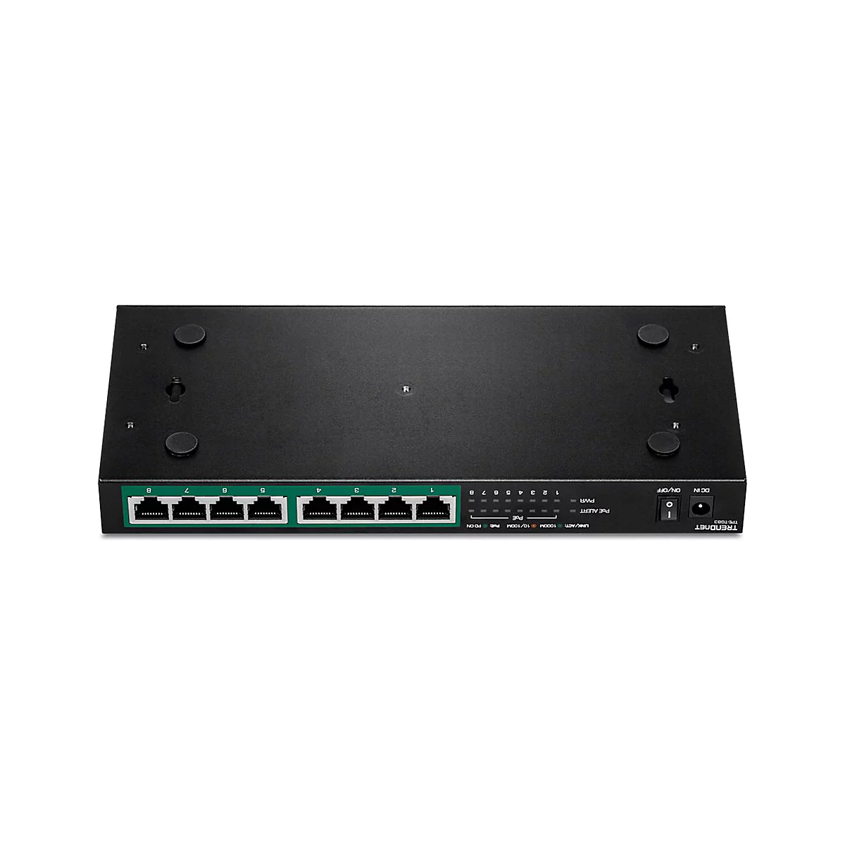 Schwarzer Trendnet Netzwerk-Switch TPE-TG83 mit 8 Ethernet-Ports, Anschlüssen und LED-Statusanzeigen auf weißem Grund.