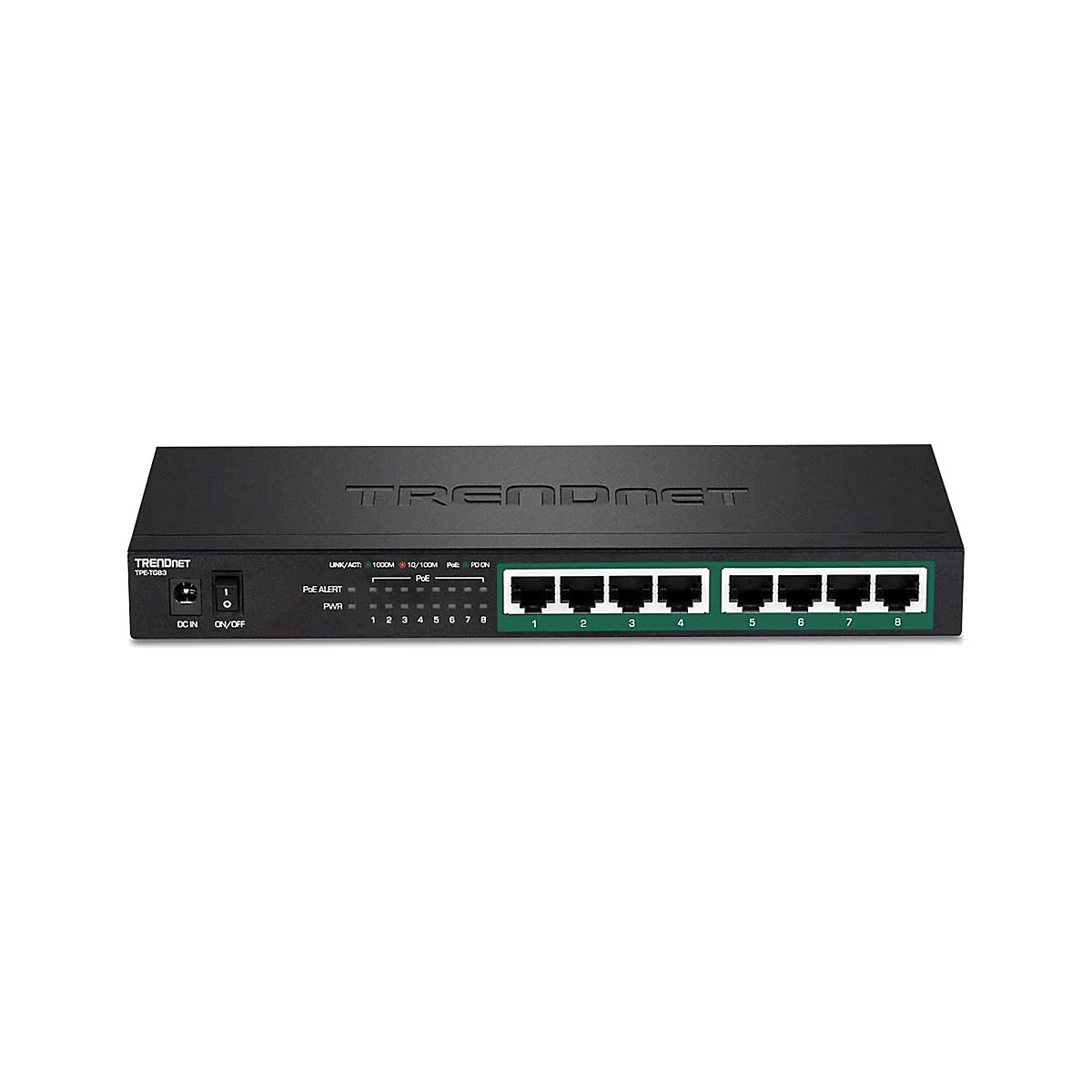 Schwarzer 8-Port PoE+ Switch von Trendnet mit Status-LEDs und Netzanschluss auf weißem Hintergrund.