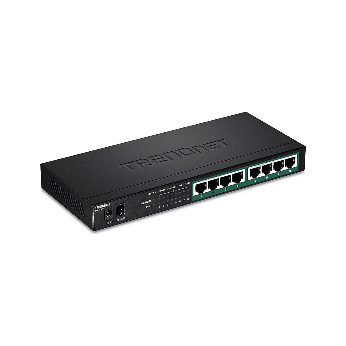 Schwarzer 8-Port PoE-Switch von Trendnet in Gehäuseoptik mit Netzwerkanschlüssen auf der Vorderseite.
