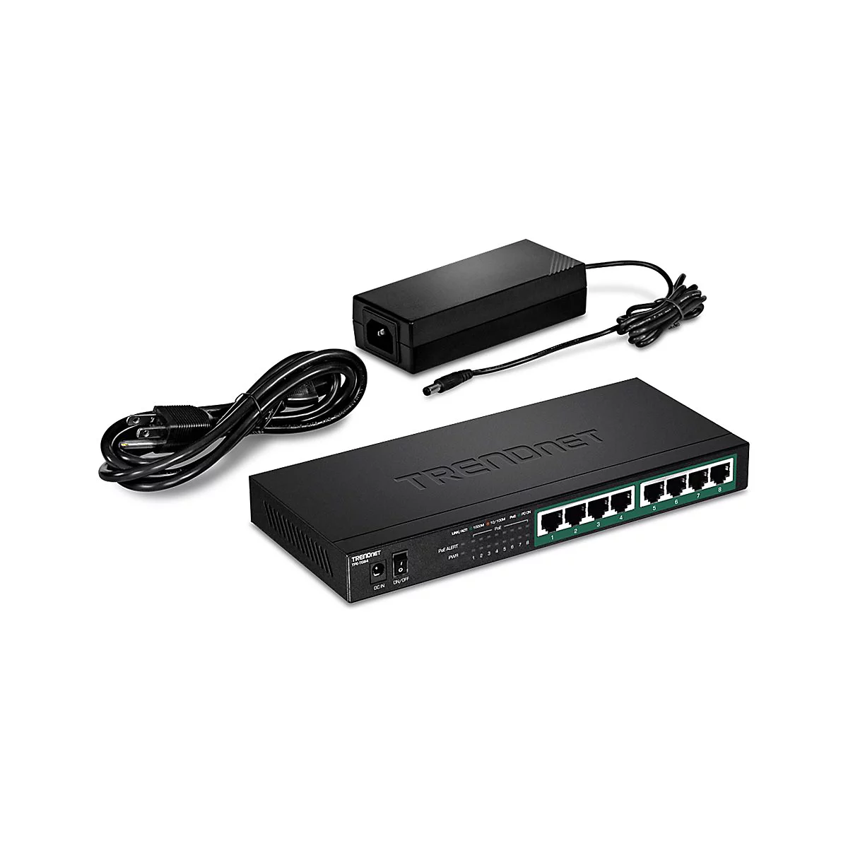 Schwarzer TRENDnet Switch mit 8 Ports, Netzteil und Stromkabel vor weißem Hintergrund.