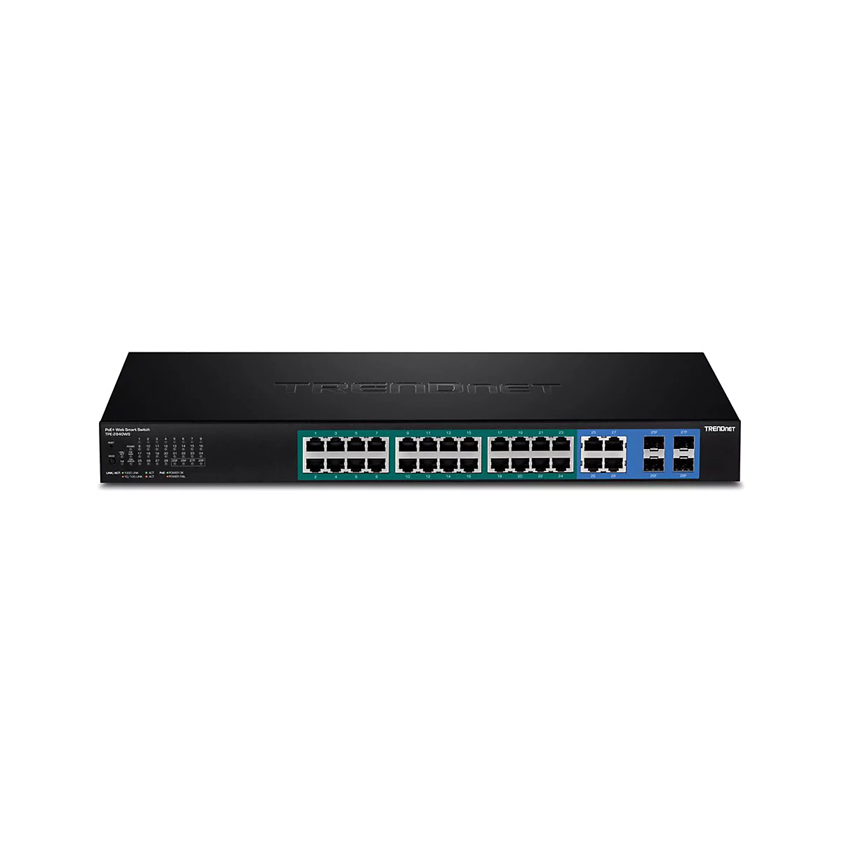 TRENDnet TPE TPE-2840WS 28-Port Gigabit Web Smart PoE+ Switch - Switch - managed - 4 x 10/100/1000 (PoE+) + 20 x 10/100/1000 (PoE) + 4 x SFP - Desktop, an Rack montierbar - PoE+ (185 W)