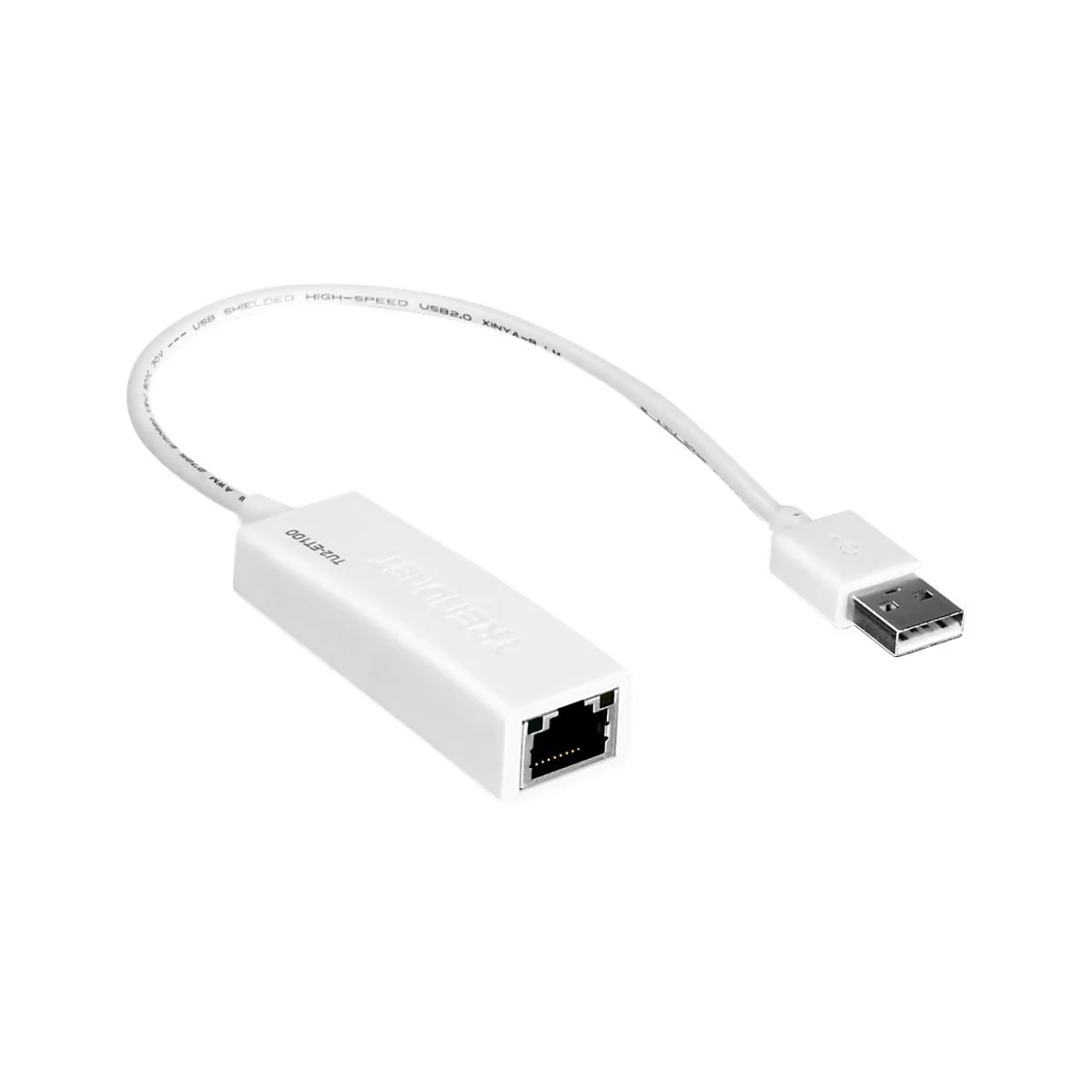 Weißer TRENDnet USB 2.0 zu Ethernet Adapter mit kurzem Kabel und USB-A-Anschluss auf weißem Hintergrund.