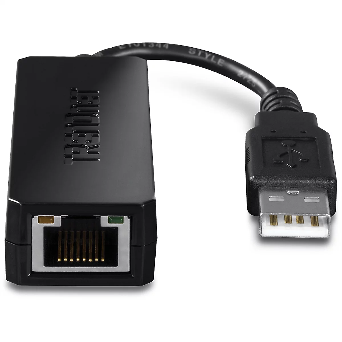 Schwarzer TRENDnet USB-zu-Ethernet-Adapter mit einem RJ45-Anschluss an einem Ende und einem USB-Stecker am anderen.