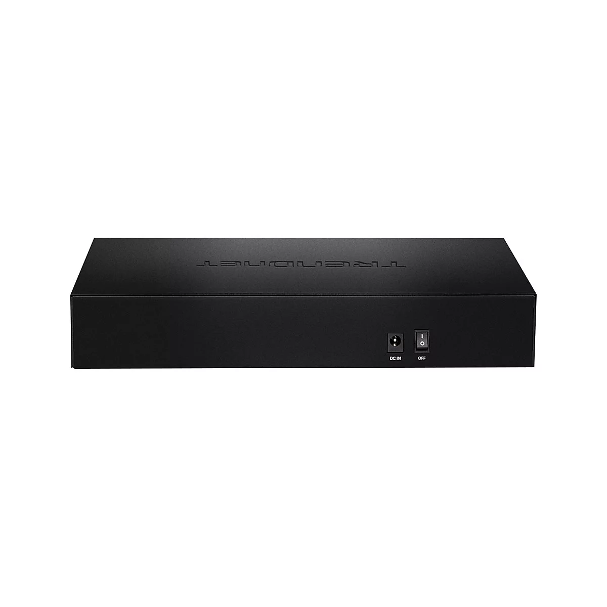 Schwarzer Netzwerkswitch mit Schriftzug REVOLAB. RÃ¼ckseite mit Stromanschluss und Power-Taste.