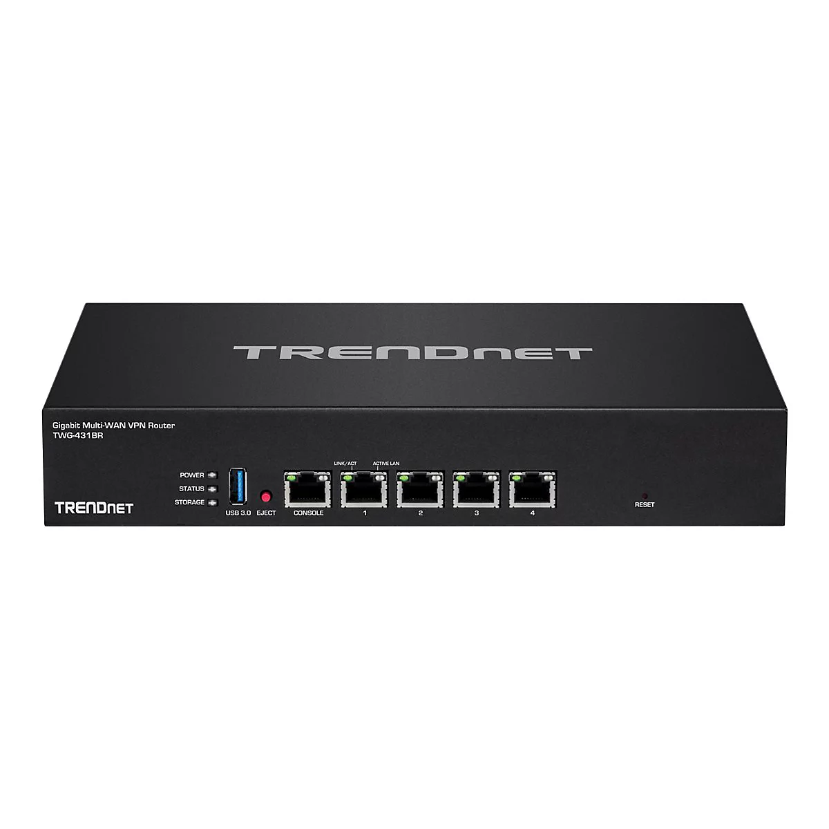 Schwarzer Trendnet Router. Oberseite mit Logo und Modellbezeichnung. Vorderseite mit AnschlÃ¼ssen und LEDs.