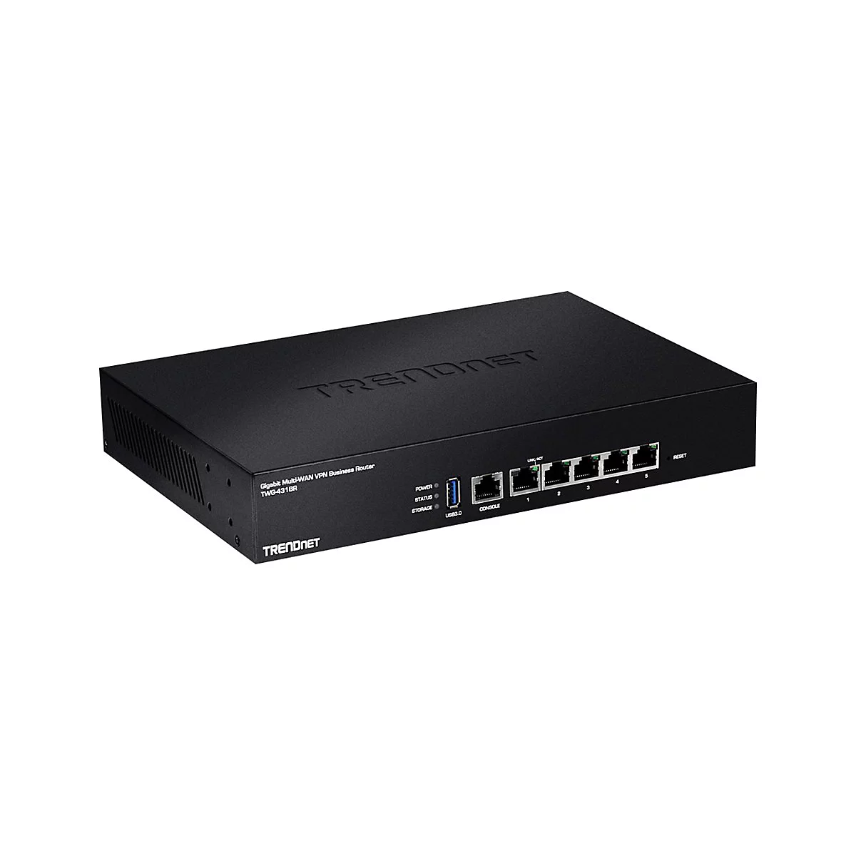 Schwarzer Router mit mehreren AnschlÃ¼ssen und dem TRENDnet Logo. Die Oberseite hat den Markennamen eingraviert.