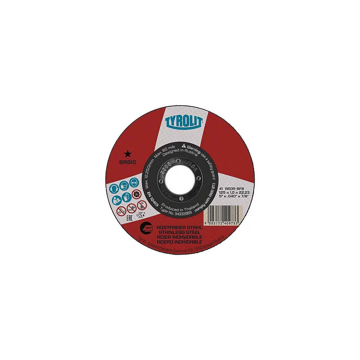 Trennscheibe BASIC D115x1mm ger.INOX Bohr.22,23mm TYROLIT