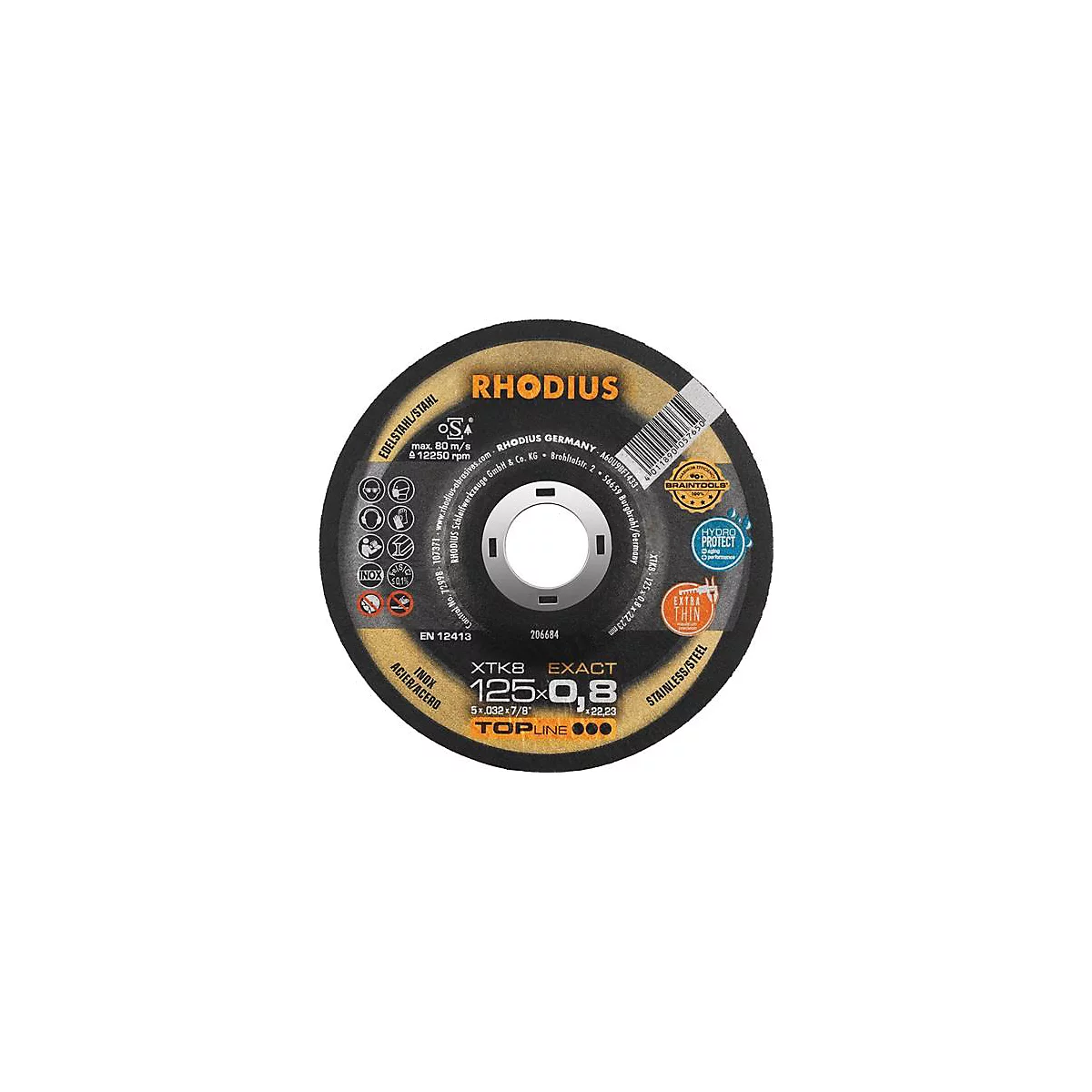 Trennscheibe XTK8 D125x0,8mm gekr.INOX Bohr.22,23mm RHODIUS