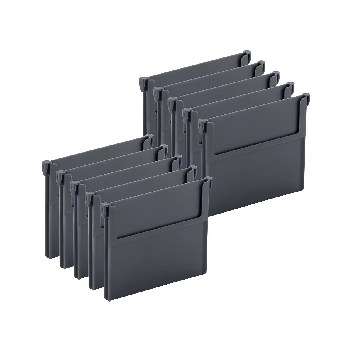 Graue Schubladenteiler, die gestapelt oder nebeneinander platziert werden können.