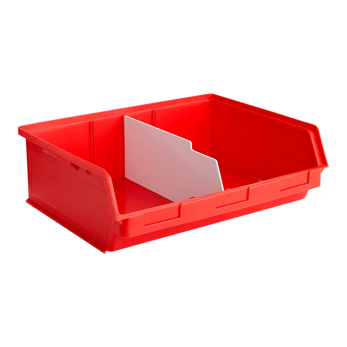 Rote Kunststoffbox mit weißer Trennwand. Die Box ist leer.