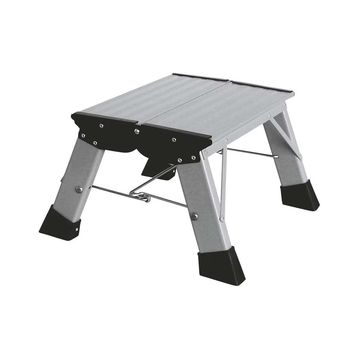 Folding step stool made of aluminum. Silver step surface, black plastic feet.