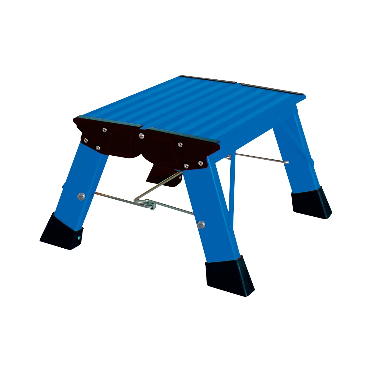 Blue step stool with black feet, brown reinforcements and silver screws.