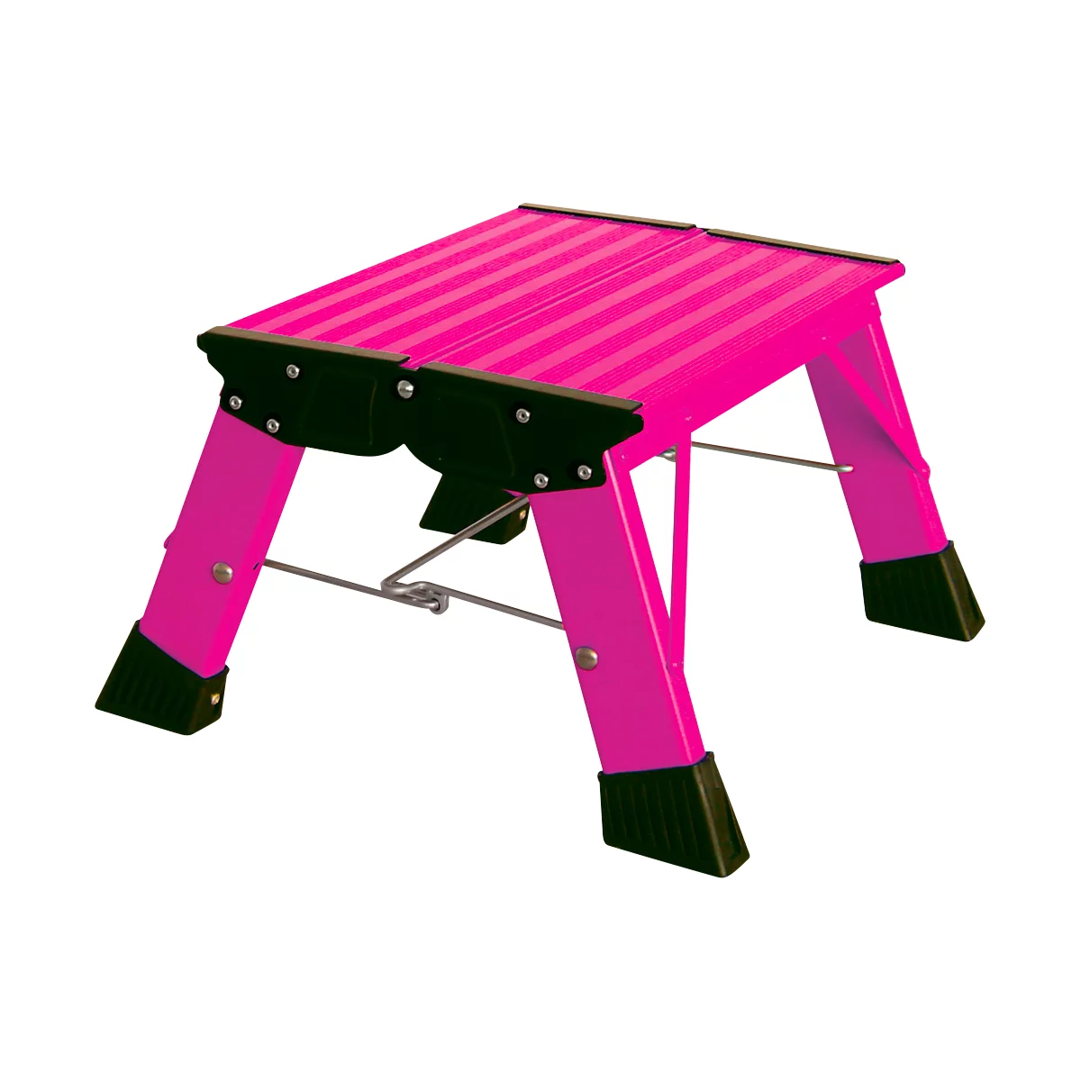 A pink step stool, with black rubber feet and corners. It is foldable and stands isolated on a white background.