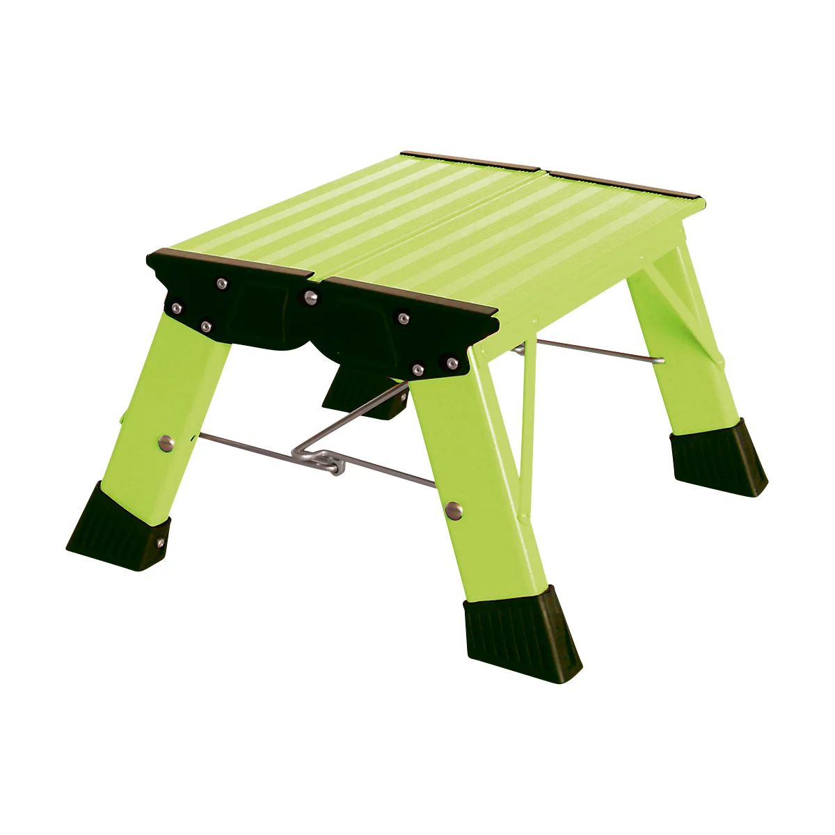 Light green step stool with black feet and reinforcements.