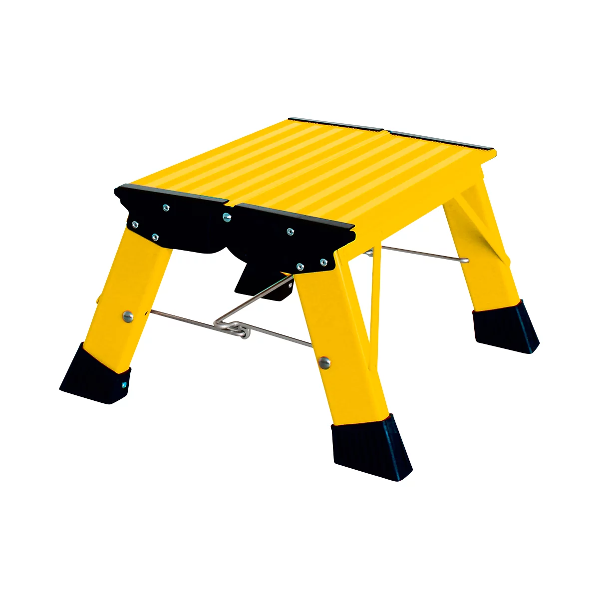 Yellow, foldable step stool. Black corner reinforcements, non-slip rubber feet. Unfolded, ready to use.