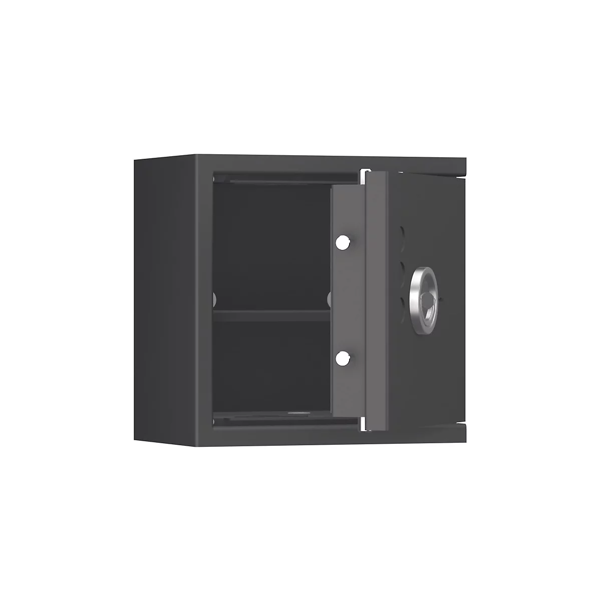 Ein schwarzer Safe, die Tür ist geöffnet. Innen sind ein Fachboden und die leere Rückwand zu sehen.