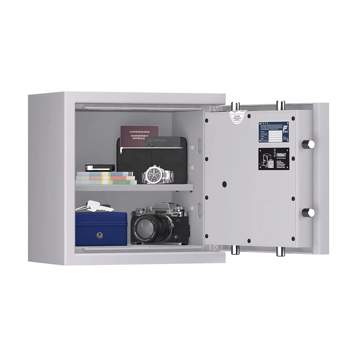 Ein offener, grauer Tresor. Innen sind Wertgegenstände wie Uhr, Kamera, Geld und Dokumente sichtbar. Die Tür ist geöffnet.