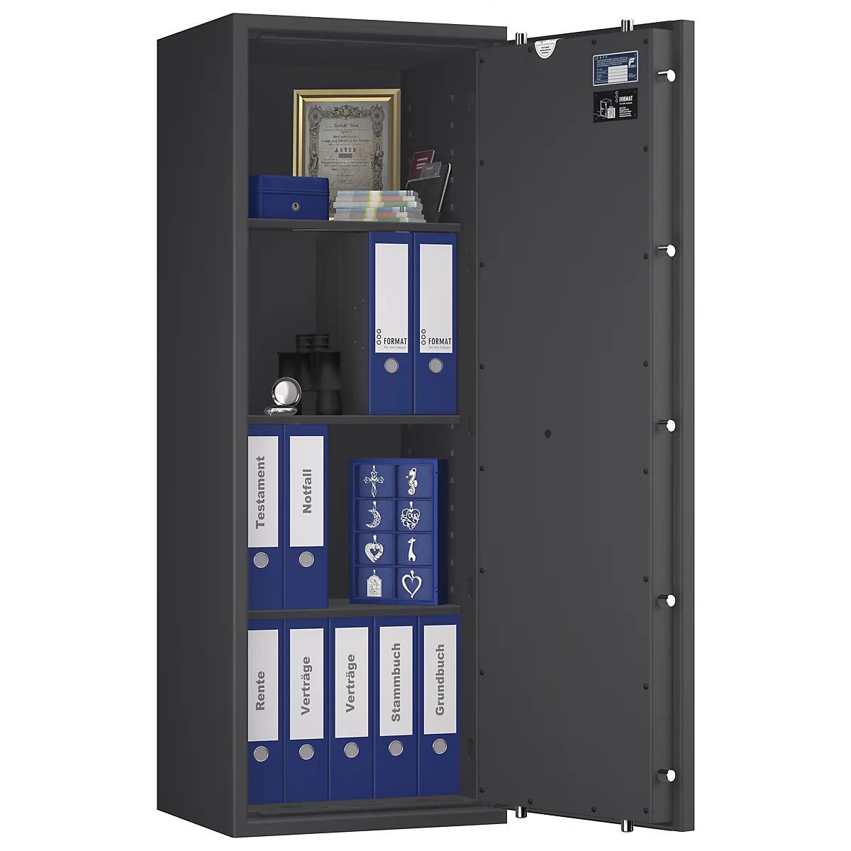 Offener Panzerschrank mit Aktenordnern und Wertgegenständen. Beschriftung: Testament, Notfall, Rente, Verträge, Stammbuch, Grundbuch.