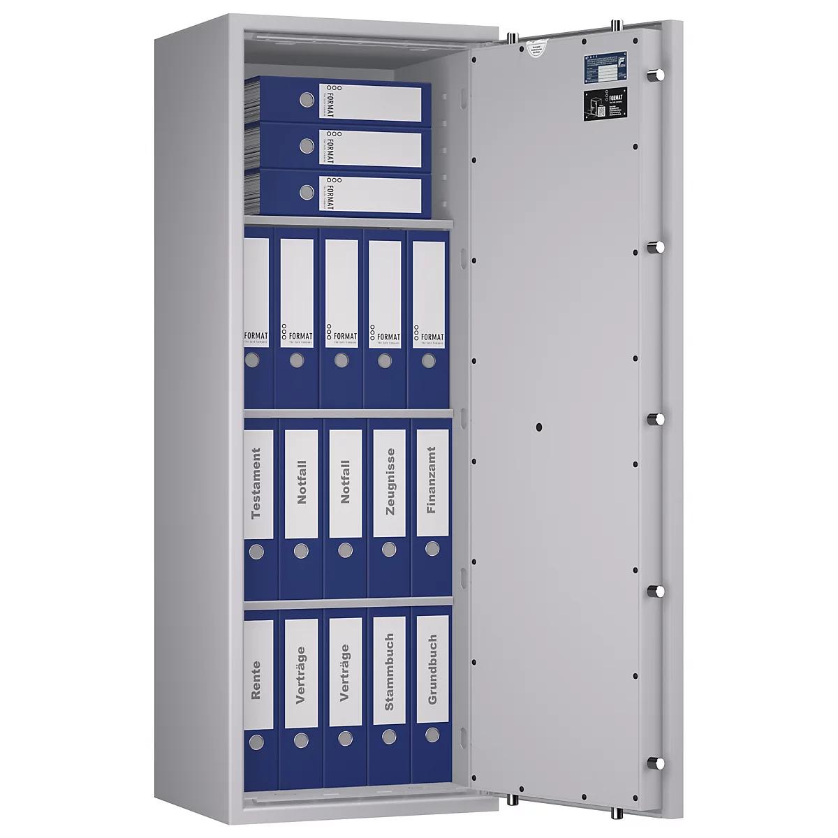 Ein geöffneter Tresor mit blauen Ordnern. Aufschrift auf den Ordnern: Rente, Verträge, Testament usw.