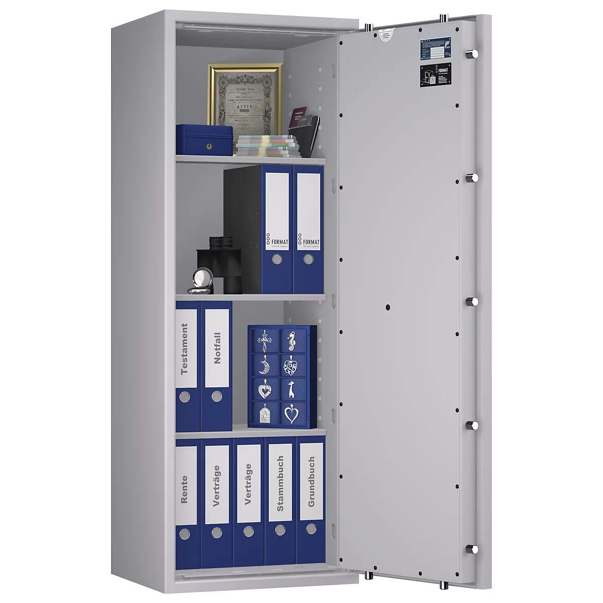 Ein geöffneter Tresor mit Ordnern, einem Rahmen und Schmuck.