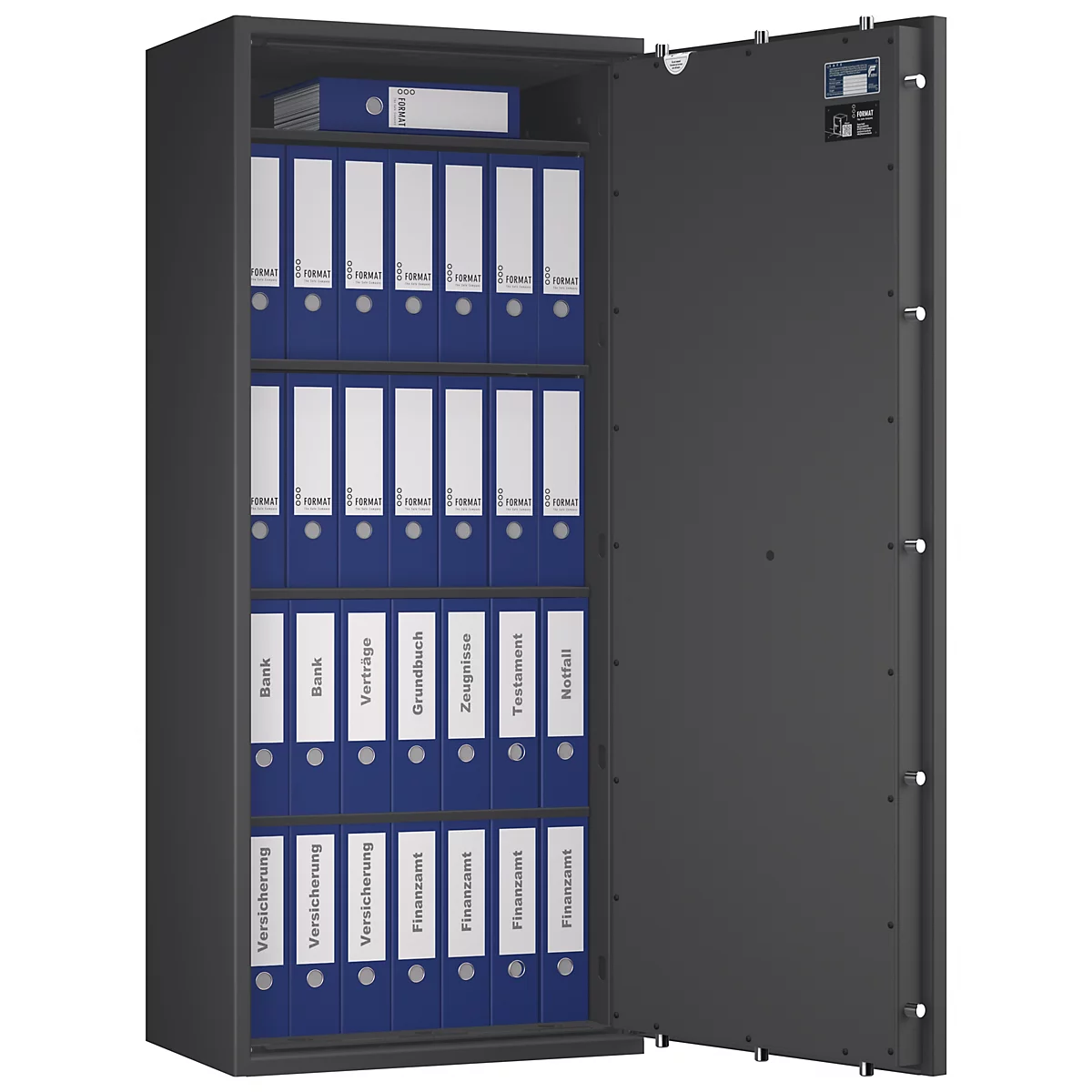 Grauer Tresor, halb geöffnet. Darin blaue Ordner mit weißen Beschriftungen, darunter Versicherungen, Finanzamt, Notfall.