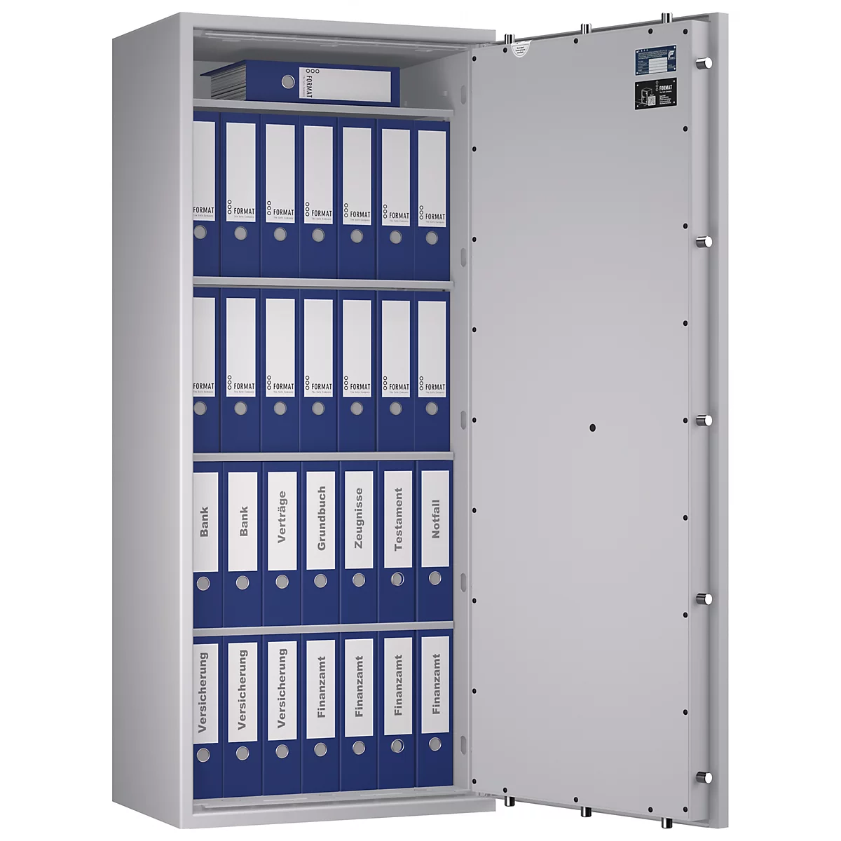 Ein geöffneter Tresor mit blauen Ordnern. Einige Ordner sind mit Etiketten wie 'Versicherung' und 'Finanzamt' beschriftet.