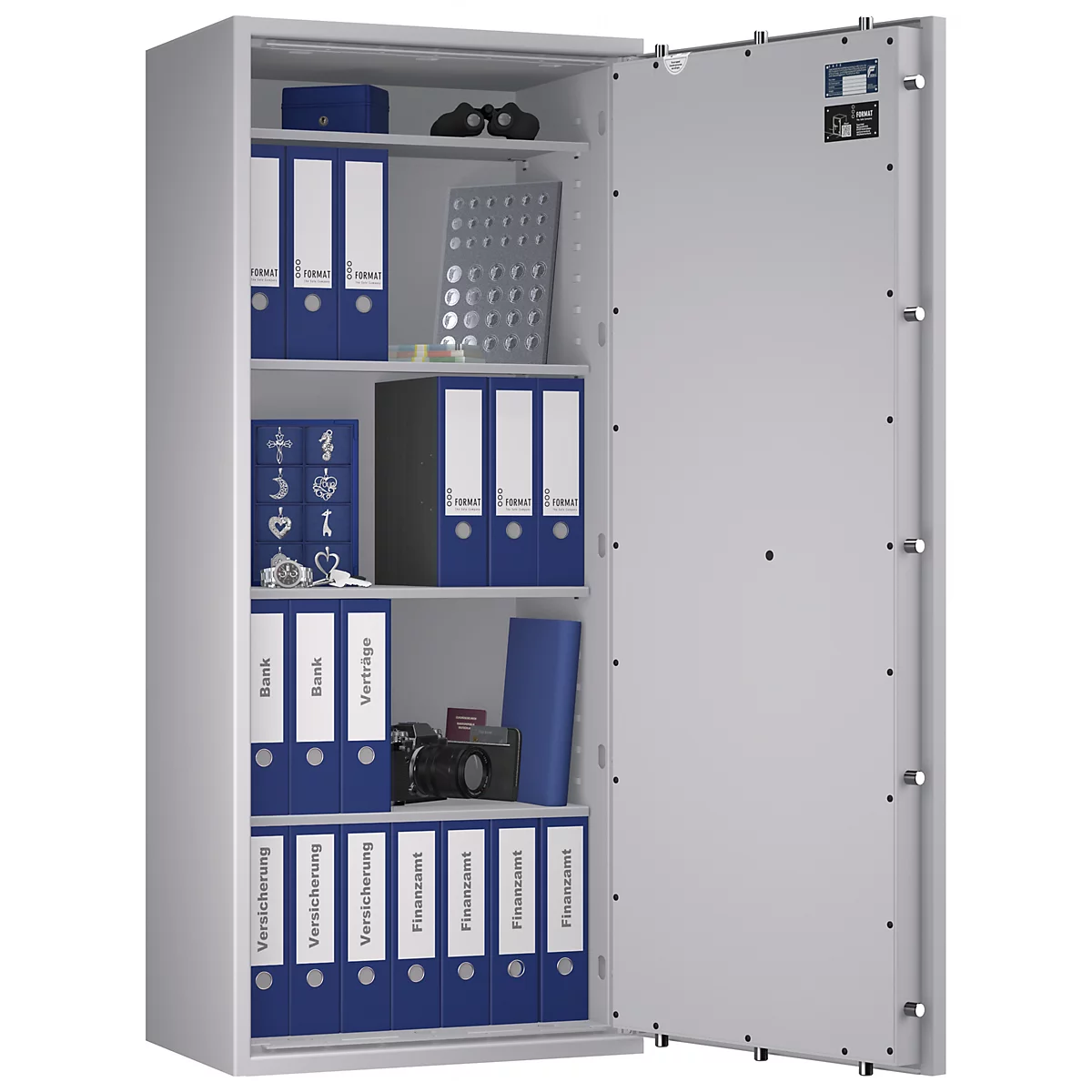 Ein geöffneter Tresor mit Ordnern, Akten und einer Kamera.