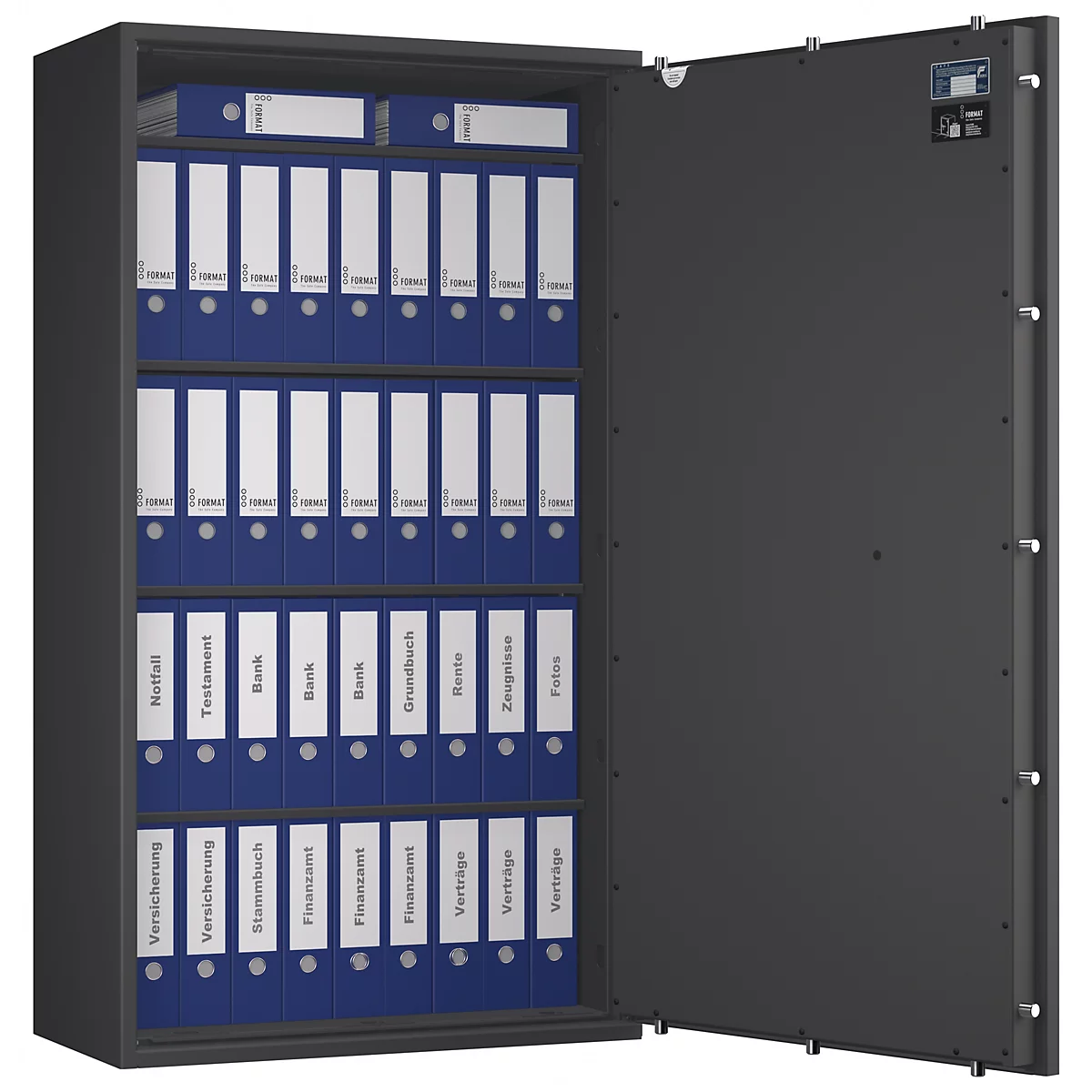 Geöffnete Akten-Tresortür mit blauen Ordnern. Beschriftungen: Versicherung, Finanzamt, Verträge usw.