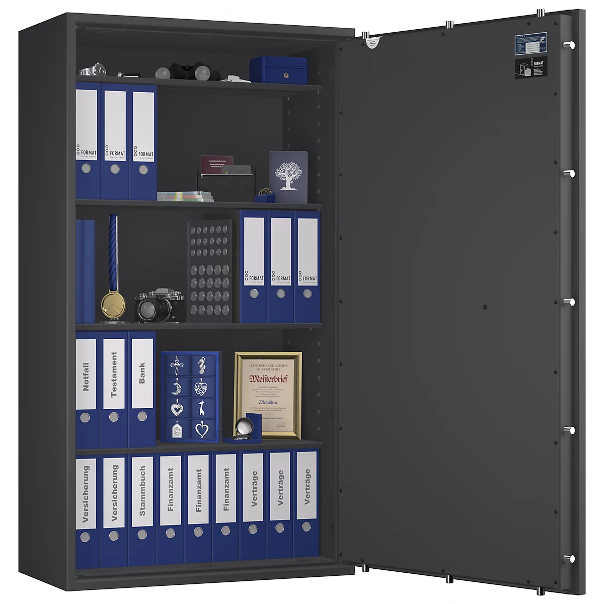 Offener Tresor mit Aktenordnern, Dokumenten, Kamera und Medaille. Graue Stahltür.