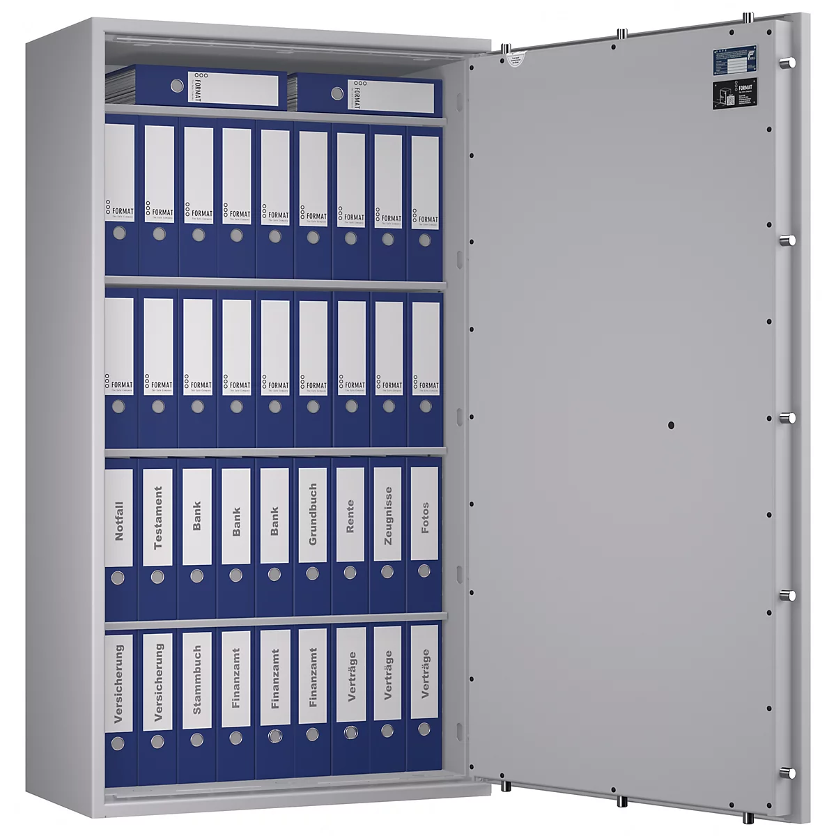 Grauer Stahlschrank, Tür geöffnet, gefüllt mit blauen Ordnern. Aufschrift auf den Ordnern.