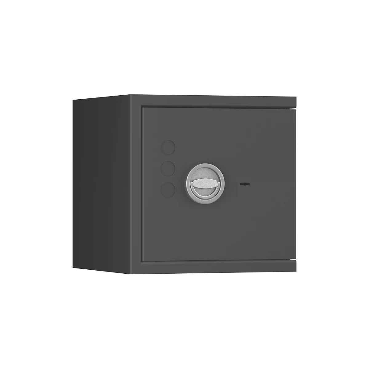 Grauer Tresor, runde Knöpfe, silberner Drehgriff.