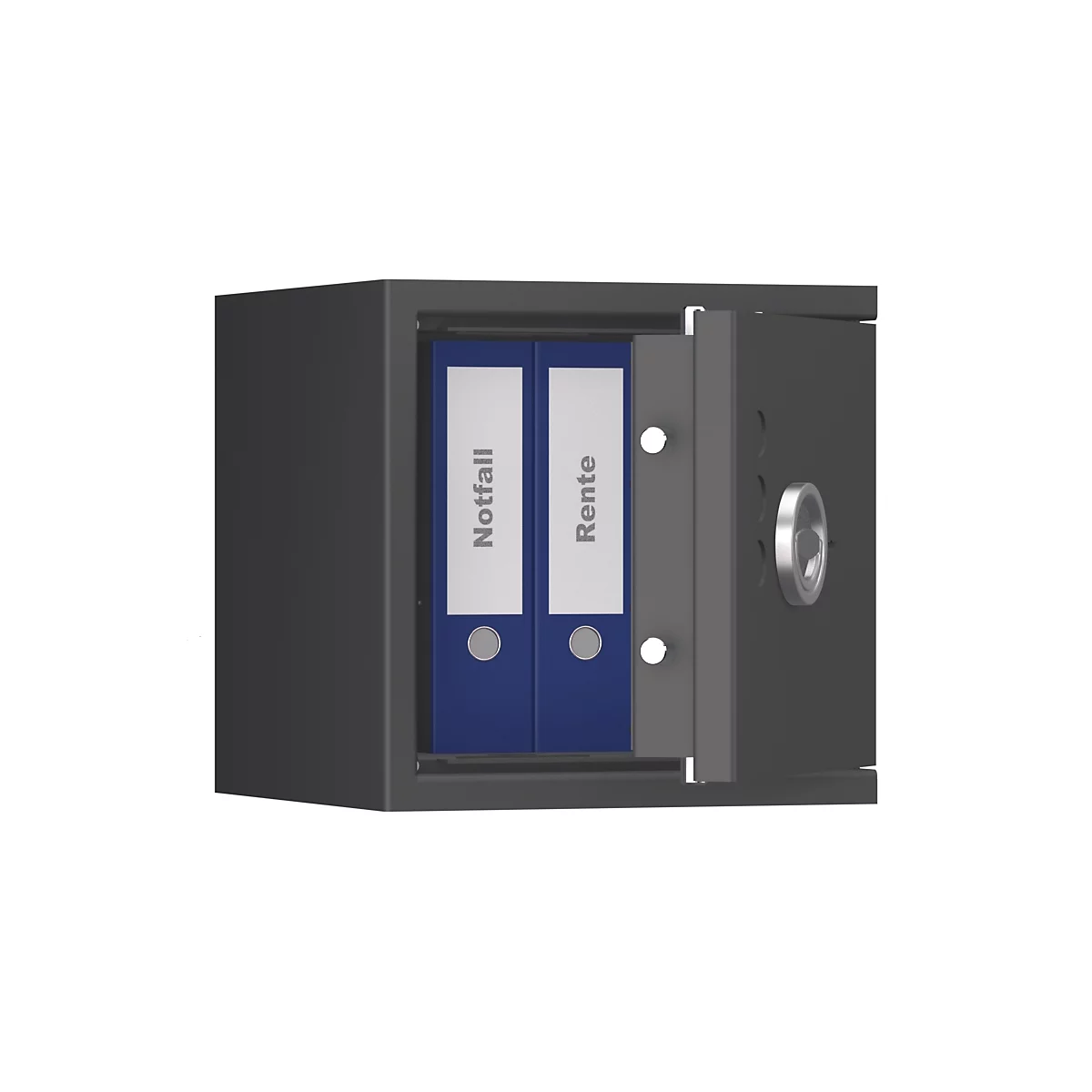 Ein geöffneter Tresor mit zwei blauen Ordnern, die mit 'Notfall' und 'Rente' beschriftet sind.