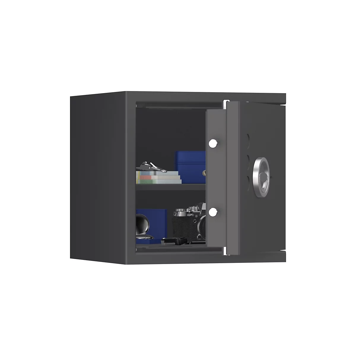 Ein geöffneter, grauer Tresor mit Inhalt, wie Dokumenten, Kamera und Schmuck. Die Tür ist geöffnet.