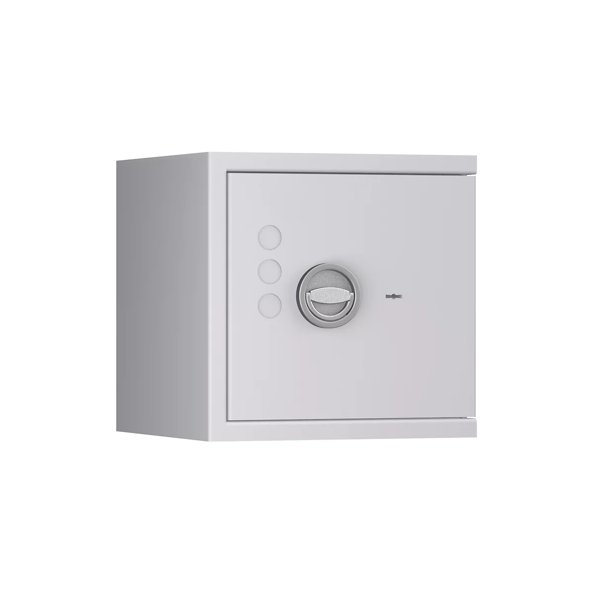 Grauer Tresor, leicht von der Seite fotografiert. Er hat einen silbernen Drehgriff, drei runde Knöpfe und ein Schlüsselloch.