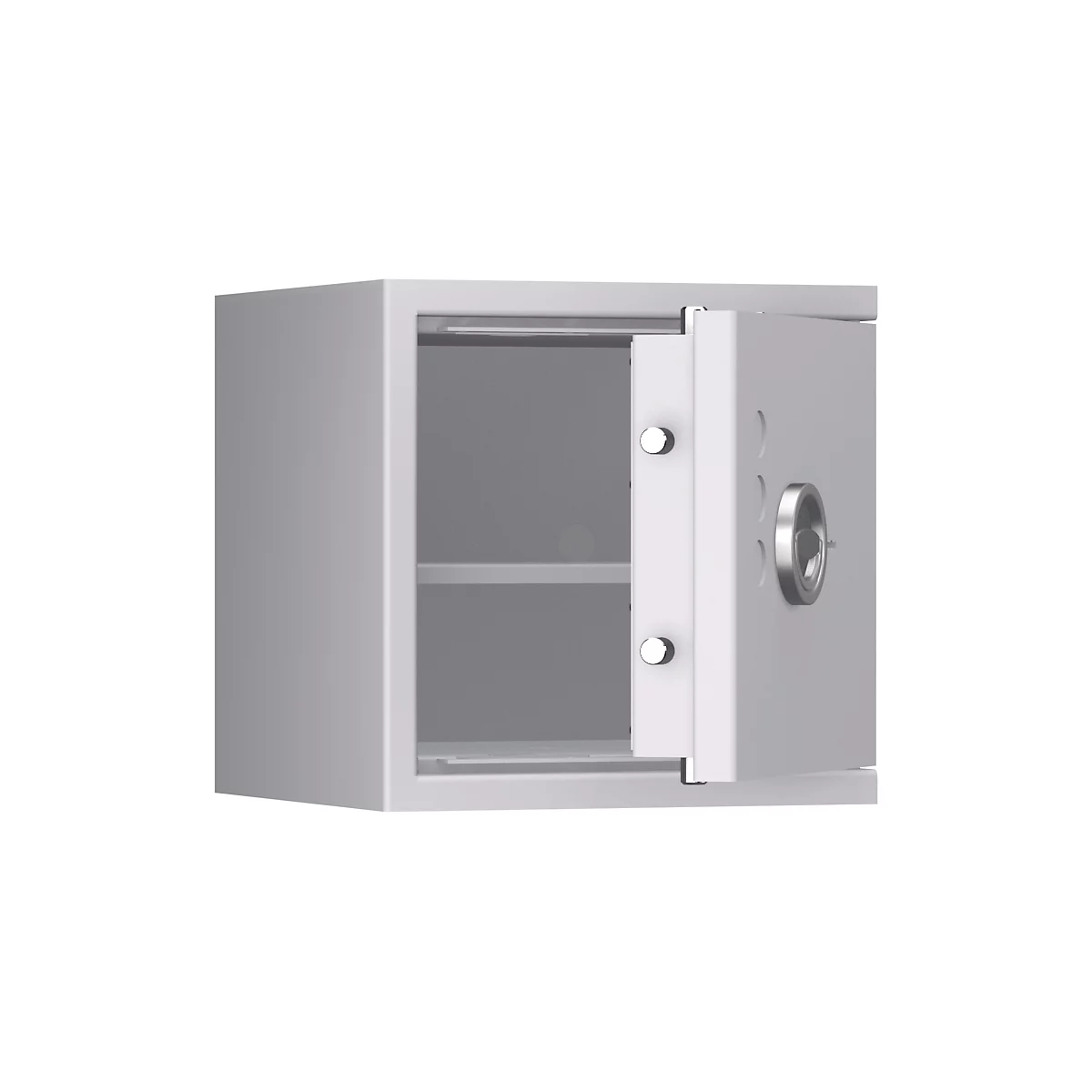 Grauer, offener Tresor mit silbernem Griff und zwei sichtbaren Regalen im Inneren.