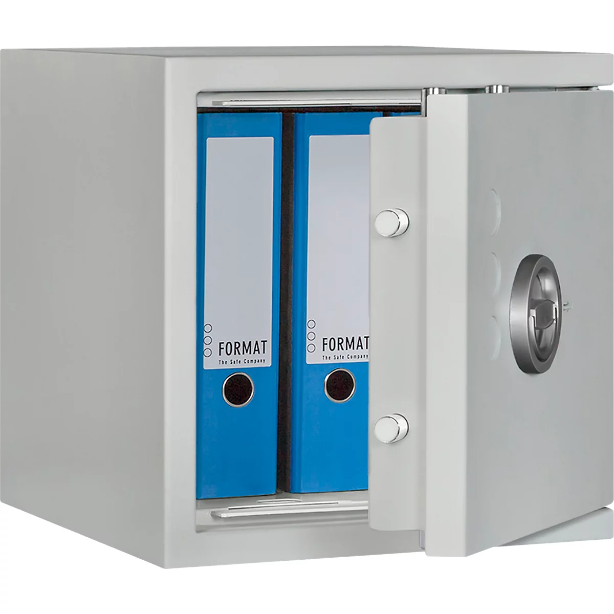 Offener Tresor mit zwei blauen Ordnern. Auf den Ordnern steht: FORMAT The Safe Company.