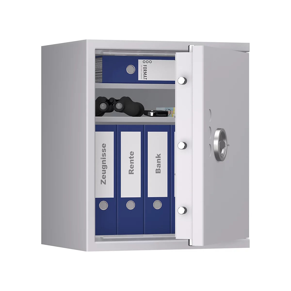 Ein offener, grauer Tresor mit blauen Ordnern, Fernglas, Geldscheinen, und beschrifteten Ordnern.